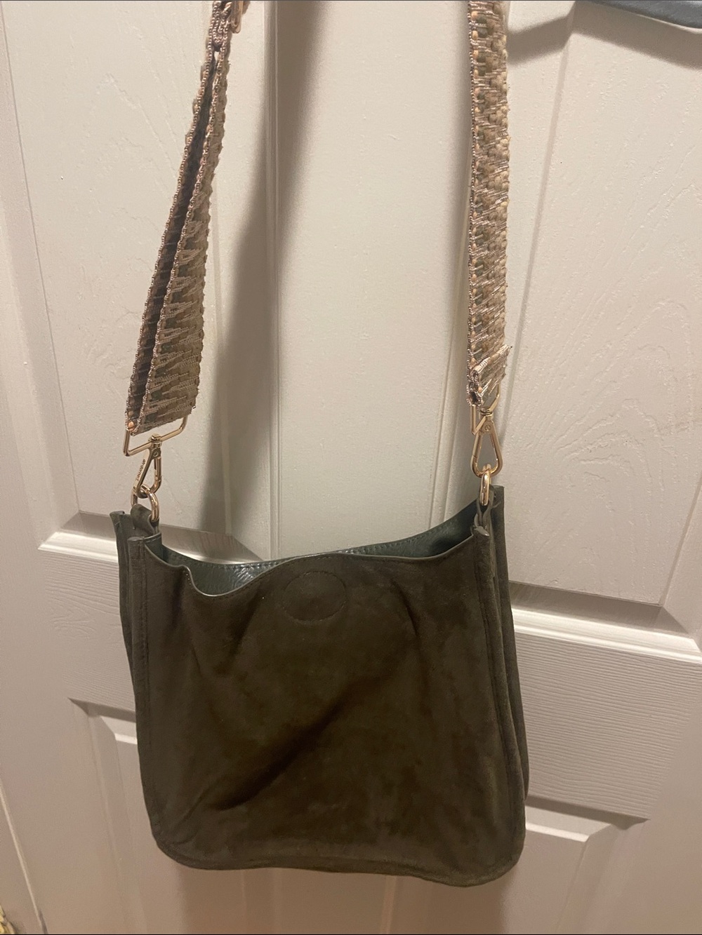 Suede Shoulder Bag with Decorative Strap - Olive Green. Crossbody as well